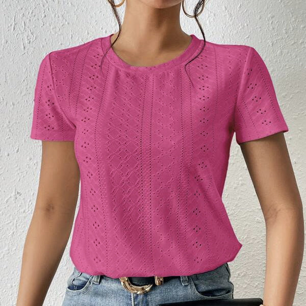 Women's Solid Color Mesh Embroidery Versatile Casual Style Loose Fit Round Neck T-shirt Top