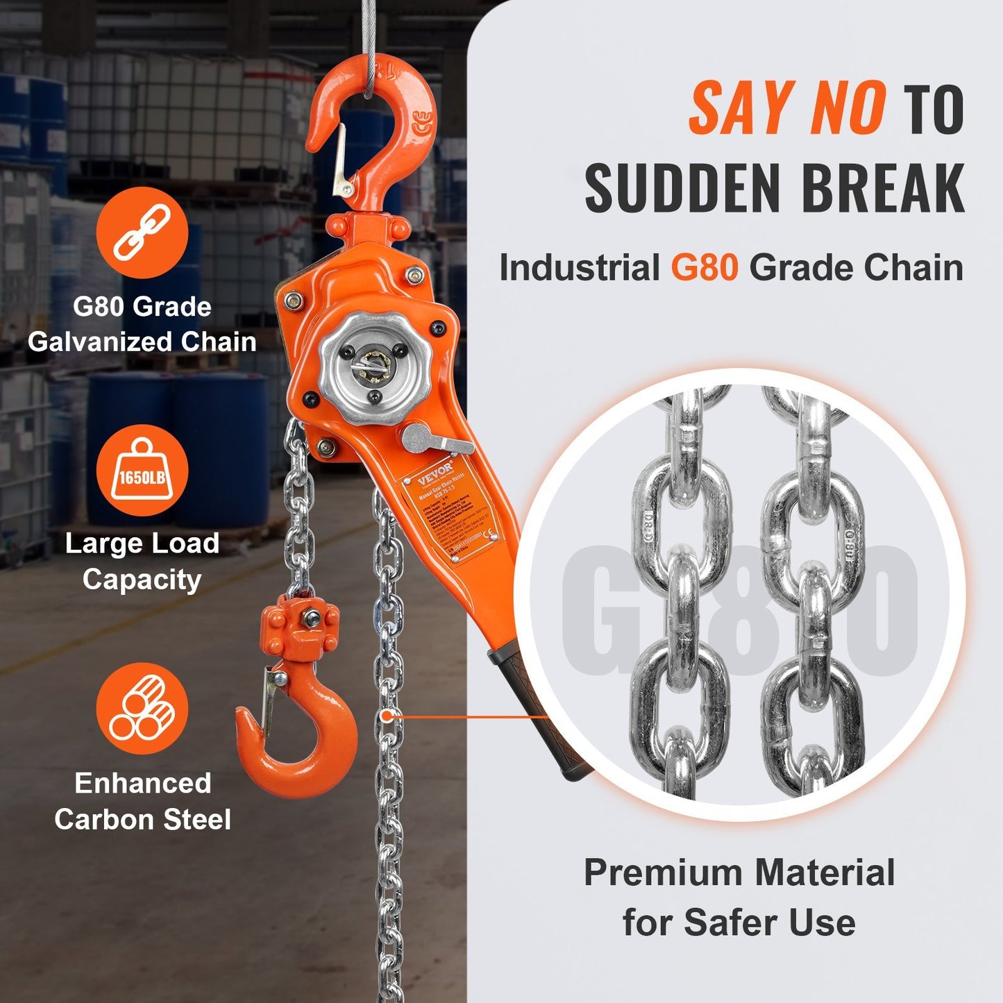 Manual Lever Chain Hoist, 1650 Lbs Capacity 10 FT Come Along, G80 Galvanized Carbon Steel With Weston Double-Pawl Brake, Auto Chain Leading Rotation Hook, For Garage Factory Dock