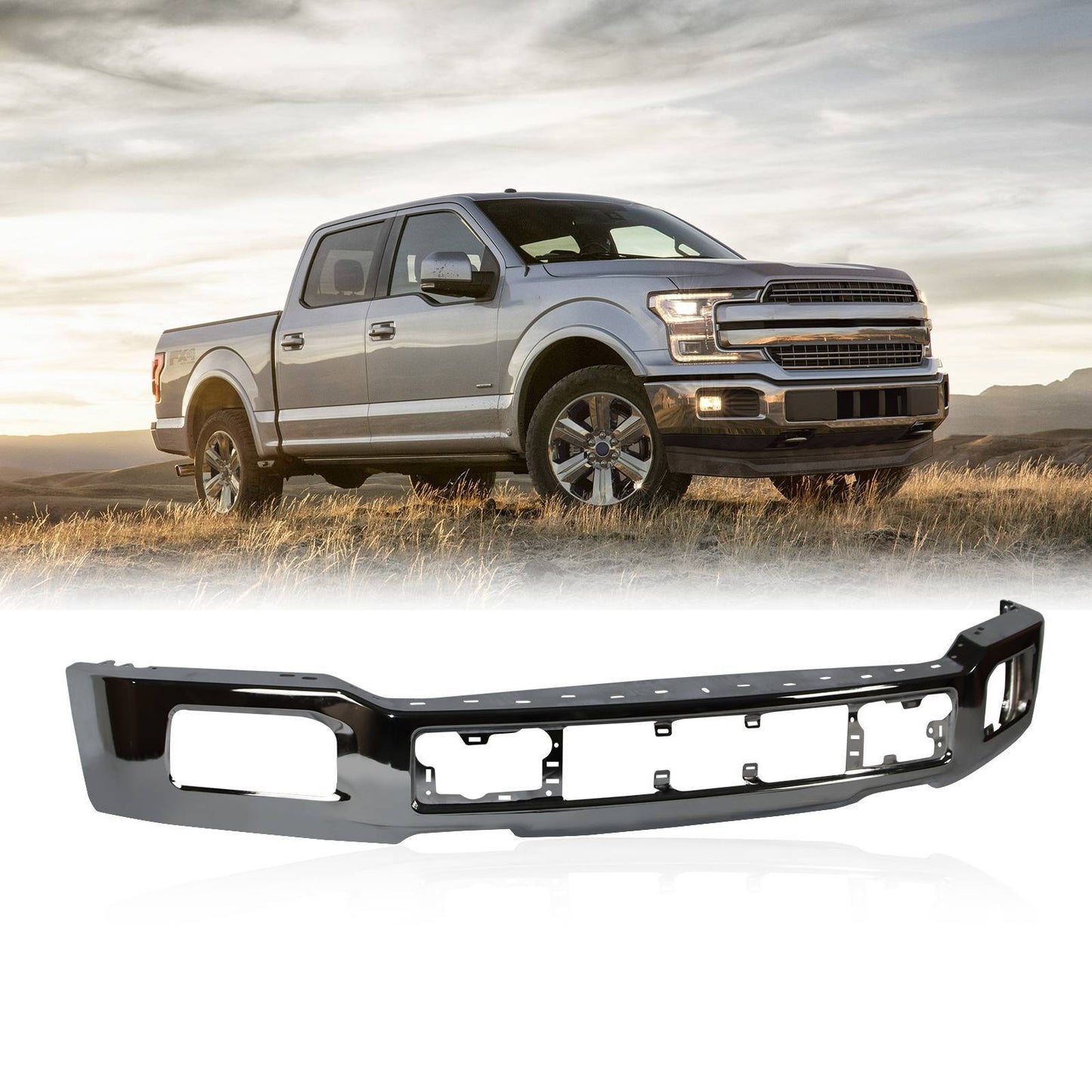 Premium Chrome Front Bumper For 2018-2020 Ford F-150 W Fog Light Holes