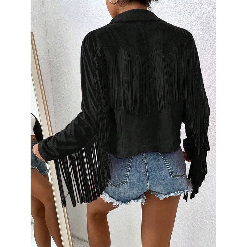 Women's Fringe Jackets, Western Cowgirl Faux Suede Leather Jacket Tassel Motorcycle Cropped Coats