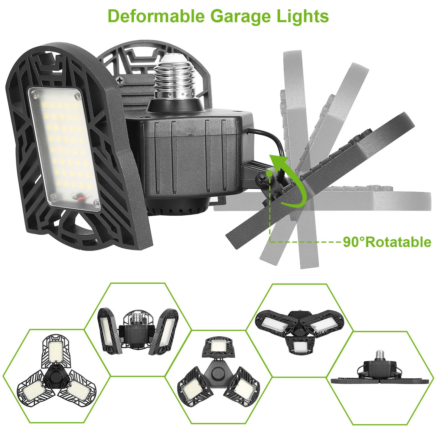LED Garage Light E26 E27 80W 7000LM 6500K Garage Ceiling Light Deformable Workshop Lamp Die Cast Aluminum LED Ceiling Light Bulbs With 3 Adjustable Panels For Barn Shop Warehouse Workshop C