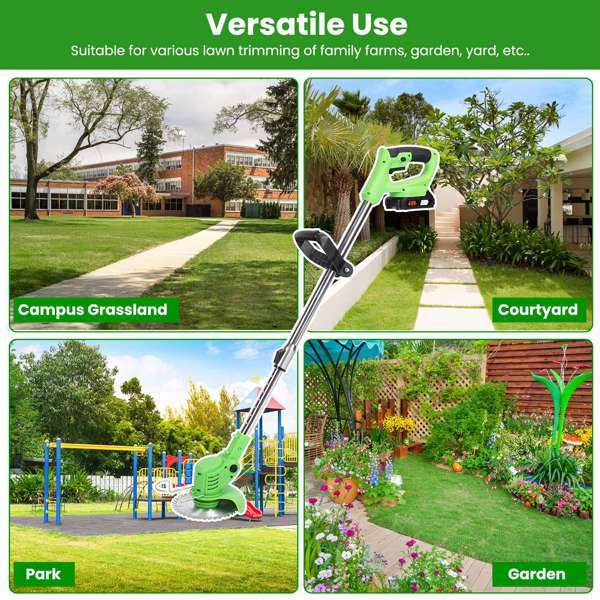 4V 300W Cordless Grass Trimmer Rechargeable Lawn Mower 18000M-Min Weed Cutter With Saw Blade 2 Stainless Steel Blades 10 Plastic Blades 2 Rechargeable Batteries Goggles Gloves