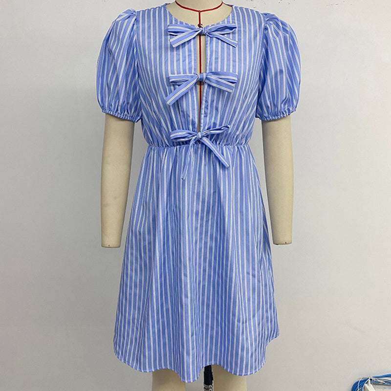 Women's Striped Tie Front Puff Sleeve Summer Casual Mini Dresses Loose Flowy Sundress