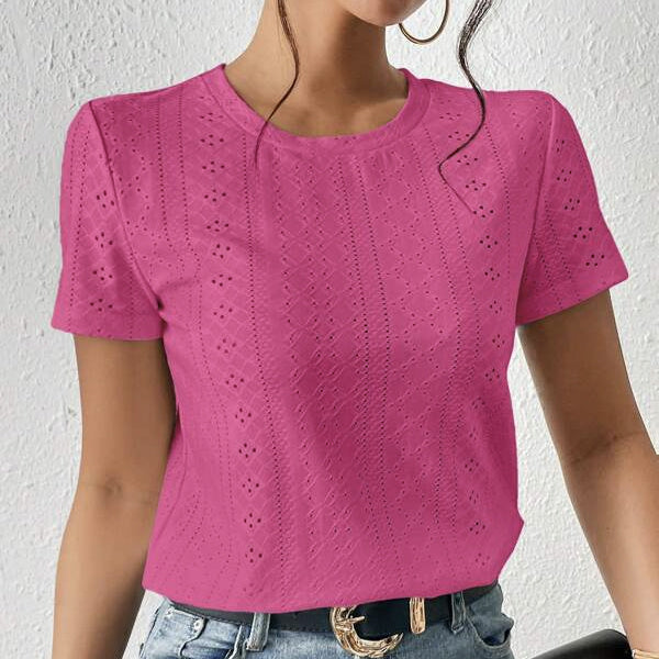 Women's Solid Color Mesh Embroidery Versatile Casual Style Loose Fit Round Neck T-shirt Top