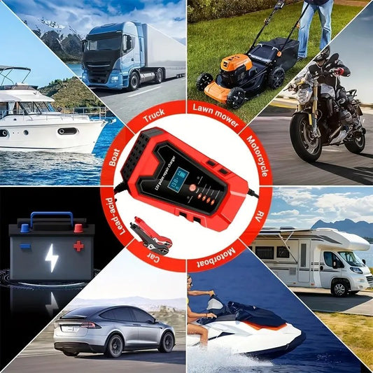 Smart 12V Car Battery Charger And Motorcycle Battery Maintainer, Easy To Operate, Full Power Self-stop, LCD Display, Battery Temperature Compensation, Without Battery