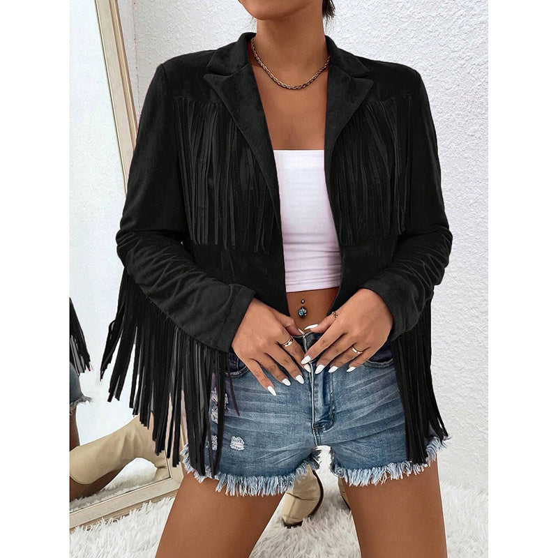 Women's Fringe Jackets, Western Cowgirl Faux Suede Leather Jacket Tassel Motorcycle Cropped Coats