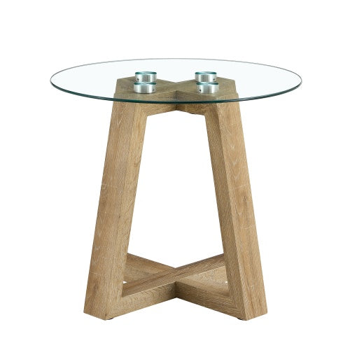 Modern And Practical Round Table. Made Of Clear Tempered Glass Top And Wood-coloured MDF Material. Suitable For Living Rooms And Bedrooms