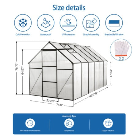 6x12 FT Polycarbonate Greenhouse Raised Base And Anchor Aluminum Heavy Duty Walk-in Greenhouses For Outdoor Backyard In All Season,Black