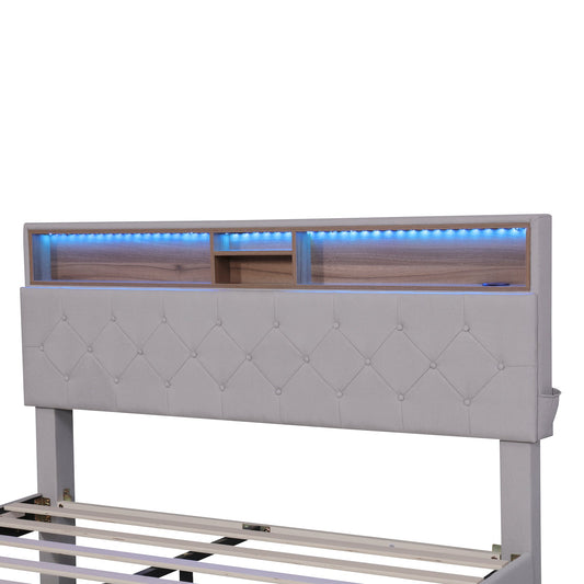 Queen Size Upholstered Platform Bed with Storage Headboard LED USB Charging and 2 Drawers Beige