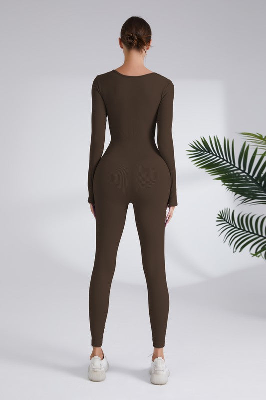 Blaire Sport Serenity Square Neck Ribbed Long Sleeve Gym Jumpsuit