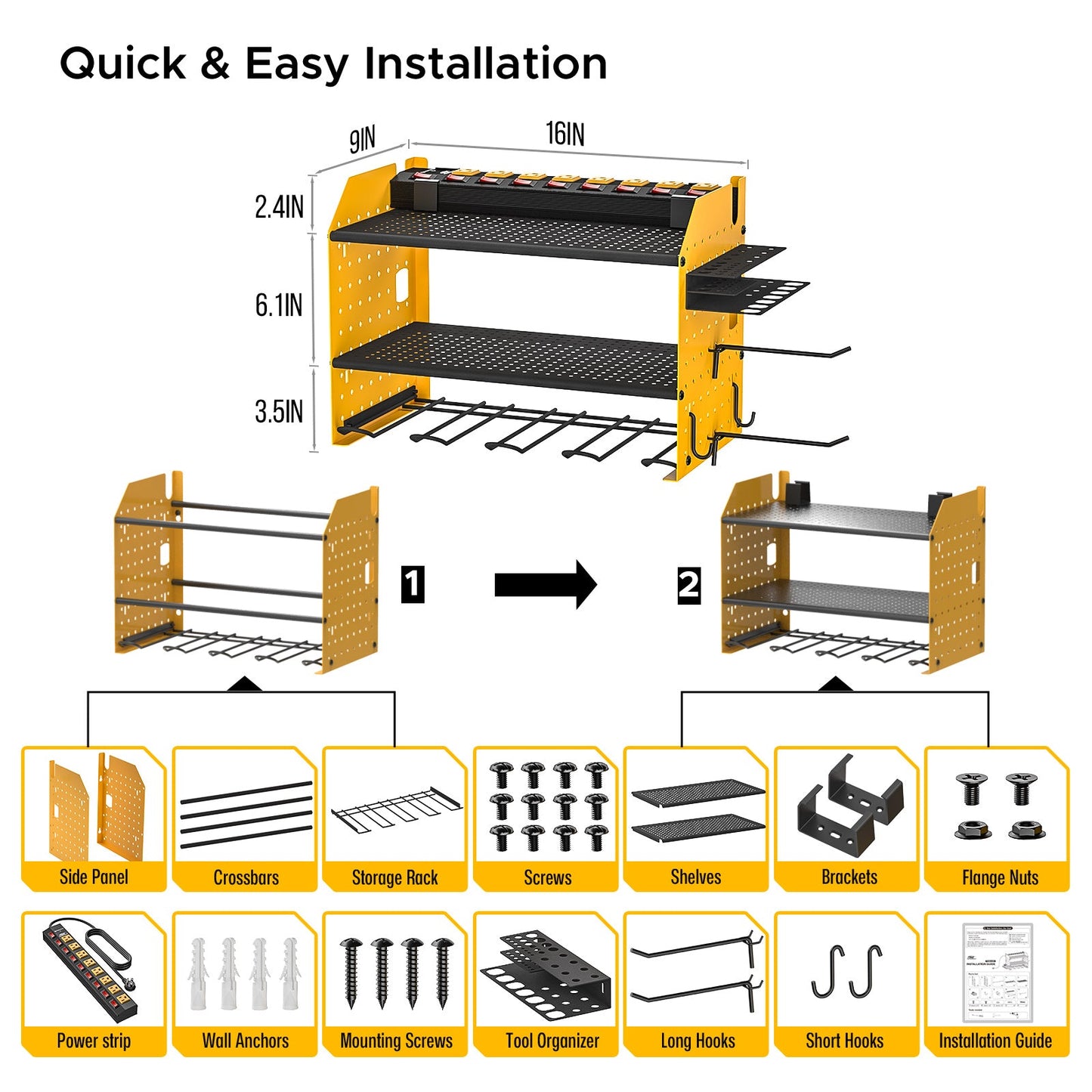 3 Layers Power Tool Organizer Wall Mount with Charging Station, Garage Tool Storage Rack Shelf with 8-Outlet Individual Switches Power Strip