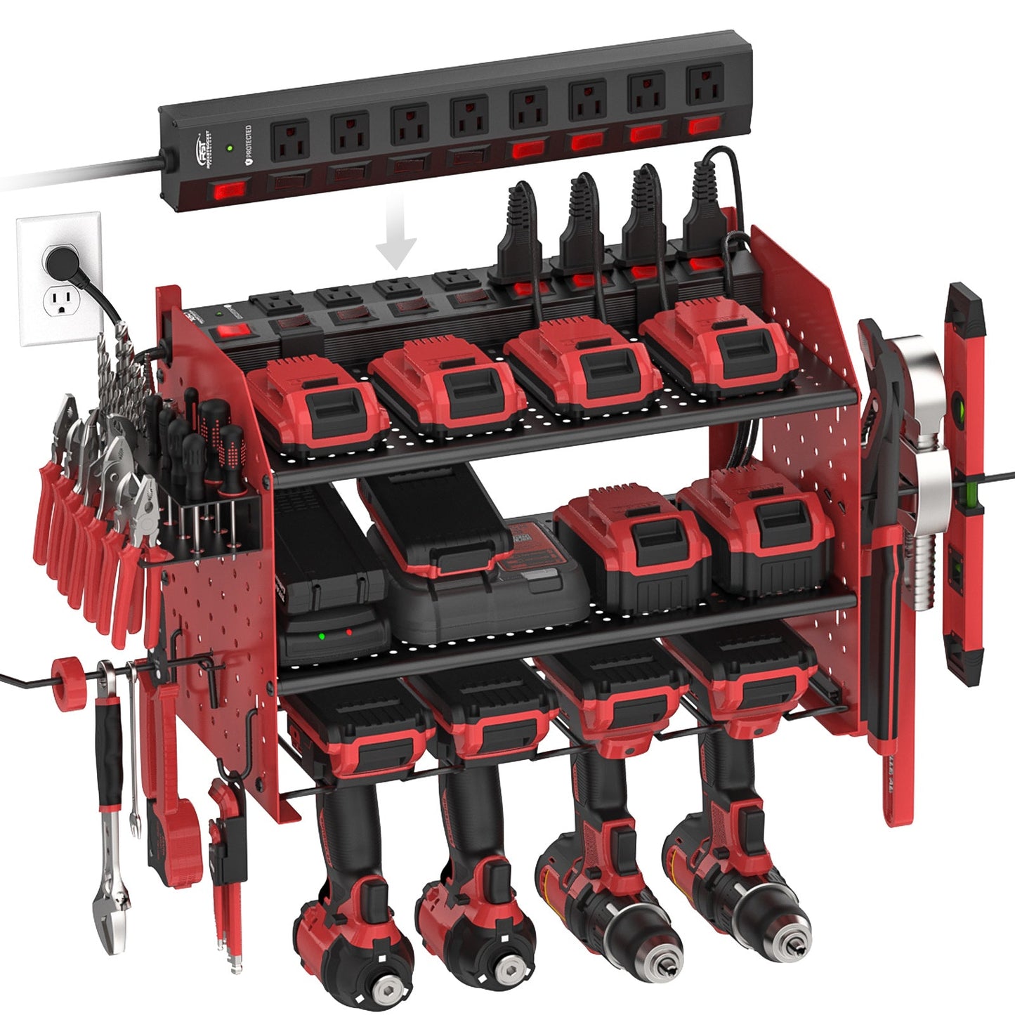3 Layers Power Tool Organizer Wall Mount with Charging Station, Garage Tool Storage Rack Shelf with 8-Outlet Individual Switches Power Strip