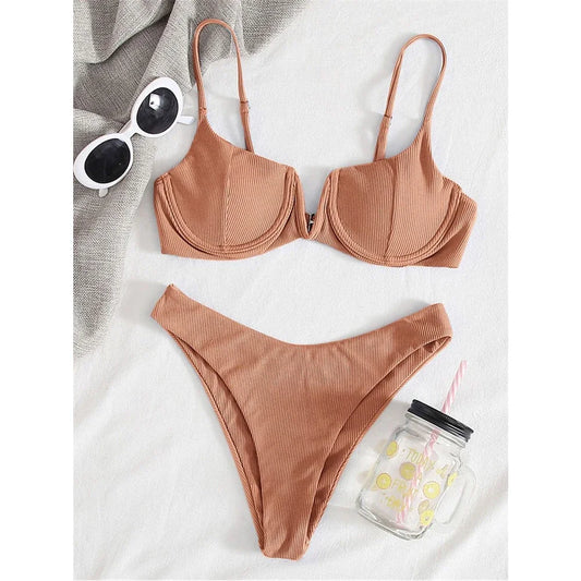 2024 Sexy Ribbed Underwired Swimsuit Women Solid Color V-neck Push Up Padded 2-piece Bikini High Cut Bathing Suit Beach Swimwear