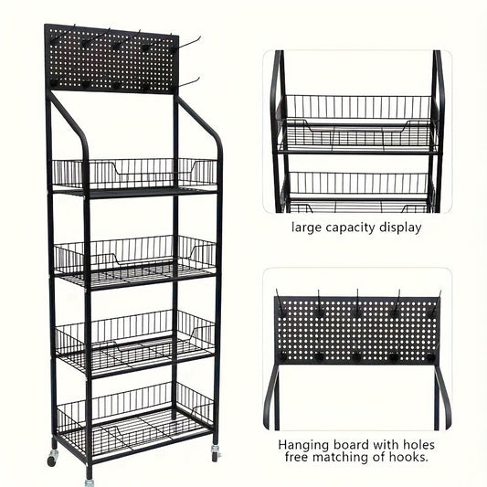3/4/5 Tier Retail Display Rack Metal Snack Display Stand w/ Hooks & Wheels