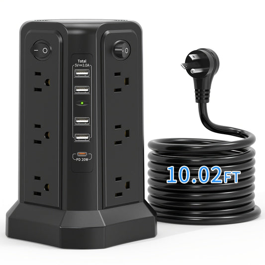 Power Strip Tower Surge Protector 12 AC Outlets 5 USB Ports 8.8ft Cord Gray