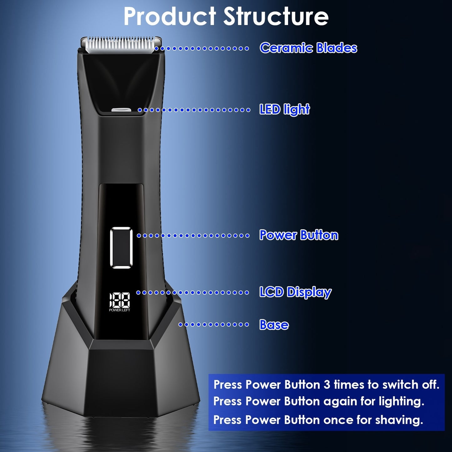 1Pc 2 In 1 Electric Body Trimmer For Men Cordless Beard Groin Ball Pubic Hair Shaver IPX7 Waterproof Razor With LED Light LCD Display Guard Comb Shaving Head