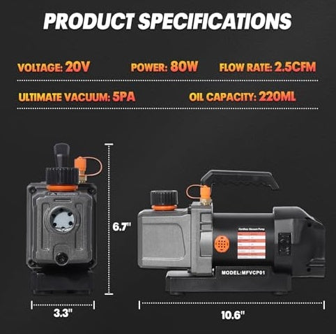 Cordless 2.5CFM Vacuum Pump Kit Compatible With De Walt 20V Max Battery, 80W Single Stage, Battery Powered By 4.0ah Battery, 220ml Oil Bottle, Automotive HVAC Vacuum Pump, R134a, R410a, R22