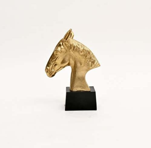Graceful Gold Polished Aluminum Horse Sculpture On Black Base 10x6x10.75inch Table Decor Animal Figurine
