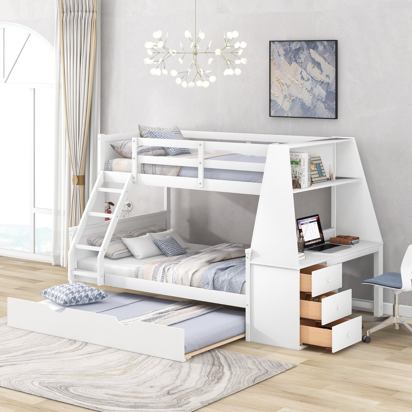 Twin Full Bunk Bed W Trundle, Desk, 3 Drawers Shelf - White