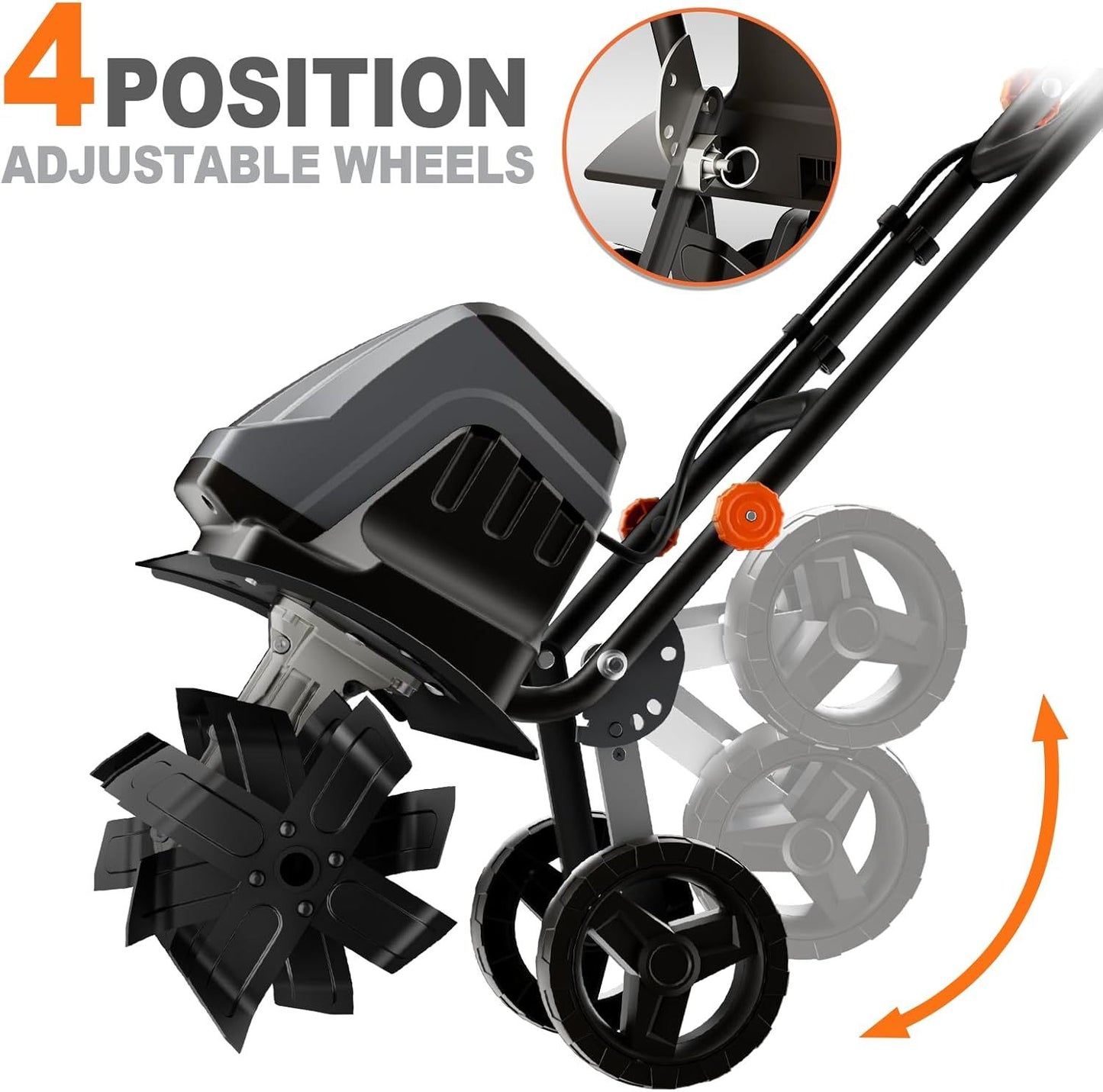 Electric Garden Cultivator, 15 Amp, Rope Spinner With Adjustable Wheels And Foldable Handle And Safety Switch For Soil Cultivation