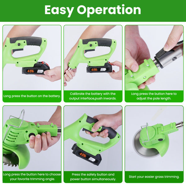 4V 300W Cordless Grass Trimmer Rechargeable Lawn Mower 18000M-Min Weed Cutter With Saw Blade 2 Stainless Steel Blades 10 Plastic Blades 2 Rechargeable Batteries Goggles Gloves