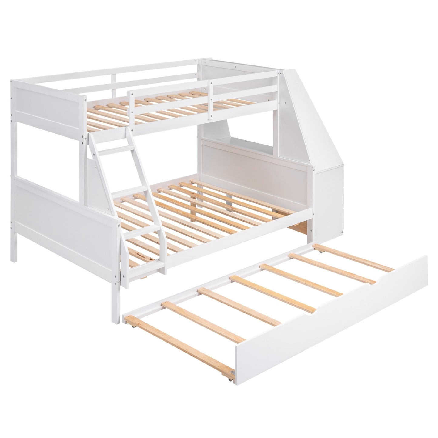 Twin Full Bunk Bed W Trundle, Desk, 3 Drawers Shelf - White