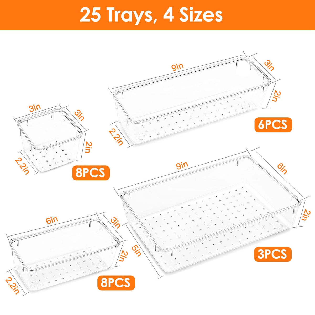 25-Piece Clear Drawer Organizer Set – 4 Sizes