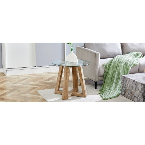 Modern And Practical Round Table. Made Of Clear Tempered Glass Top And Wood-coloured MDF Material. Suitable For Living Rooms And Bedrooms