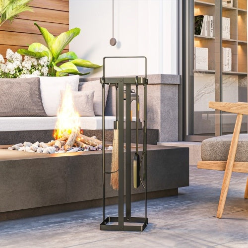 Outsunny Fireplace Tools Set Indoor Outdoor 5 Piece Heavy Duty Metal Fireplace Accessories Set With Brush Broom, Poker, Shovel, Tongs And Stand For Chimney, Black On-Site