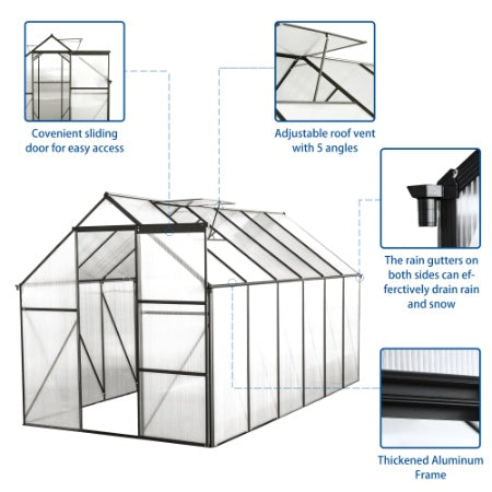 6x12 FT Polycarbonate Greenhouse Raised Base And Anchor Aluminum Heavy Duty Walk-in Greenhouses For Outdoor Backyard In All Season,Black
