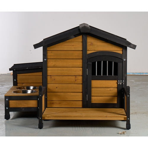 Large Wooden Dog House With Storage Box And Feeding Station, Outdoor Pet Kennel With Asphalt Roof, Porch, And Lockable Door Weatherproof Fir Wood Dog Home For Small To Medium Dogs
