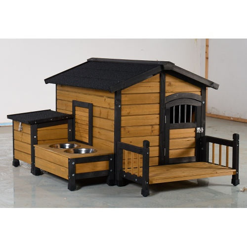 Large Wooden Dog House With Storage Box And Feeding Station, Outdoor Pet Kennel With Asphalt Roof, Porch, And Lockable Door Weatherproof Fir Wood Dog Home For Small To Medium Dogs