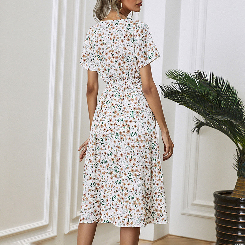 Women's V-Neck Floral Print Dress - A-Line Waisted Summer Maxi Dress