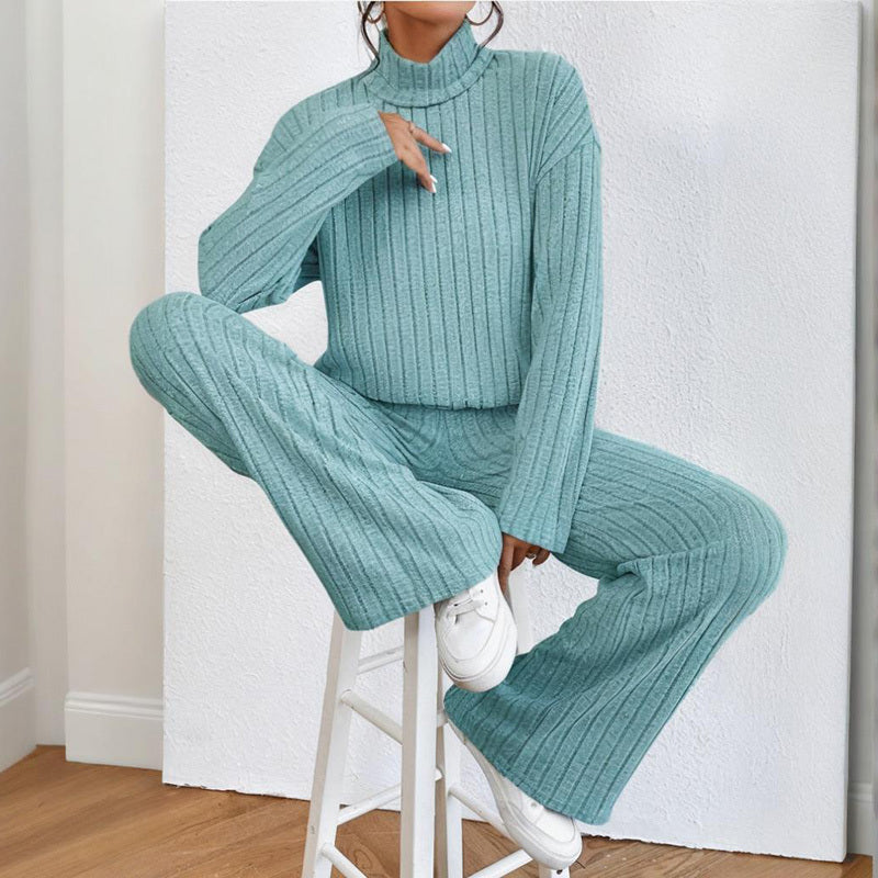 Women's Solid Color 2-Piece Set High Neck Long Sleeve Top & Pants, Striped Loungewear For Fall&Winter