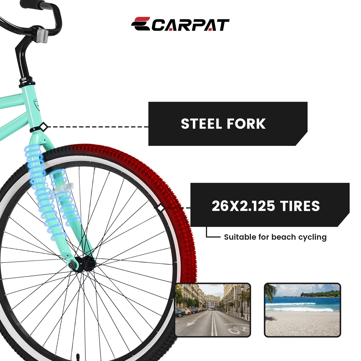 S26204 26 Inch Beach Cruiser Bike For Men And Women, Steel Frame, Single Speed Drivetrain, Upright Comfortable Rides, Multiple Colors