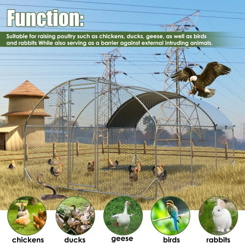 Large Metal Chicken Coop Upgrade Three Support Steel Wire Impregnated Plastic Net Cage, Oxford Cloth Silver Plated Waterproof UV Protection, Duck Rabbit Sheep Bird Outdoor House 9.2W X 18.7L X 6.5H
