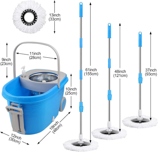Spin Mop And Bucket With Wringer Set On Wheels, 360 Spinning Mop With Stainless Steel Handle For All Hard Surfaces, Floor Cleaning System With 3 Microfiber Replacement Heads