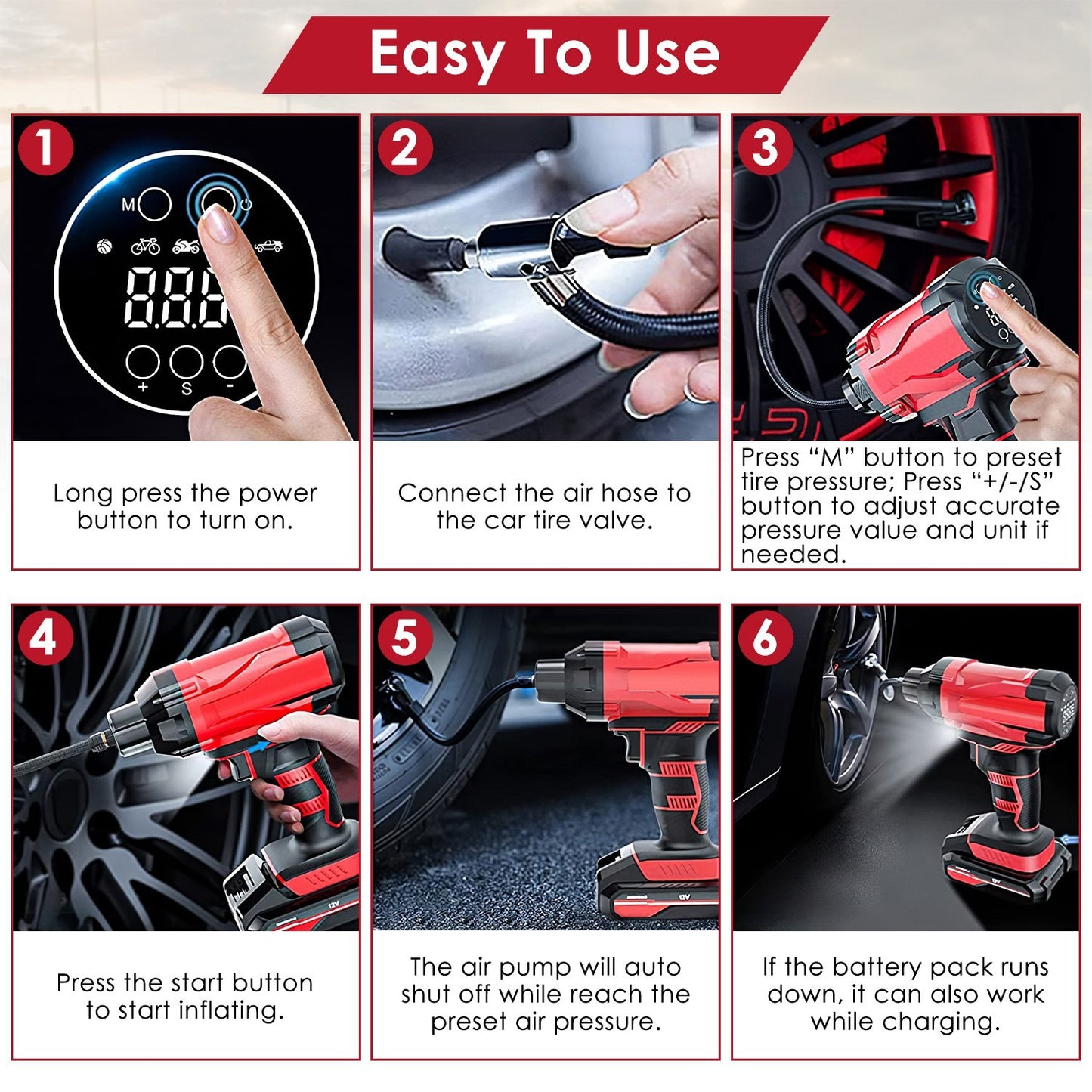 1Pc 150PSI Cordless Car Tire Inflator Rechargeable 2V Portable Electric Air Compressor With LED Light For Car Bike Motorcycle Ball