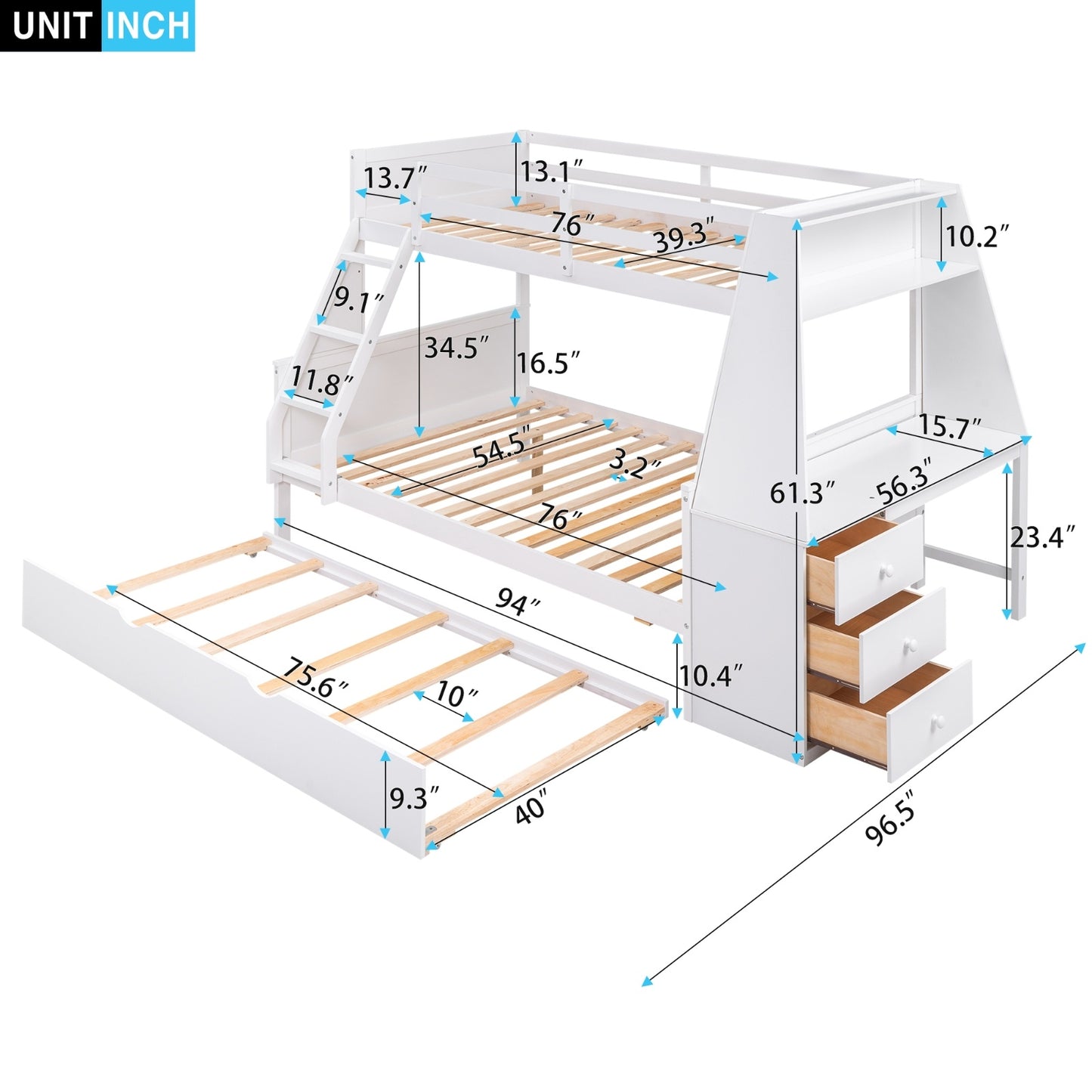 Twin Full Bunk Bed W Trundle, Desk, 3 Drawers Shelf - White