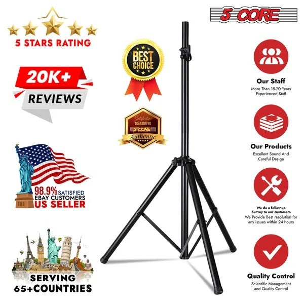 5 Core Speaker Stand Tripod Pair Floor Heavy Duty Adjustable Up To 72 Inch DJ Studio Monitor Stands Pole Mount - SS HD 2PK BLK BAG