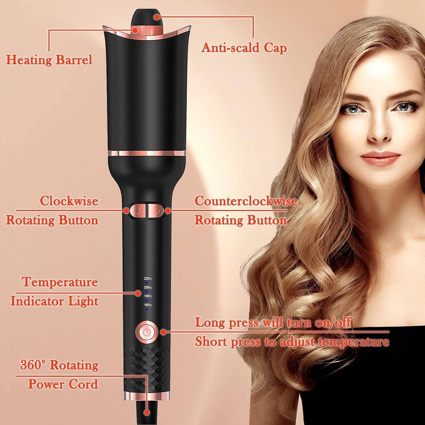 Automatic Curling Iron, Ceramic Ionic Auto-Rotating Hair Curling Wand