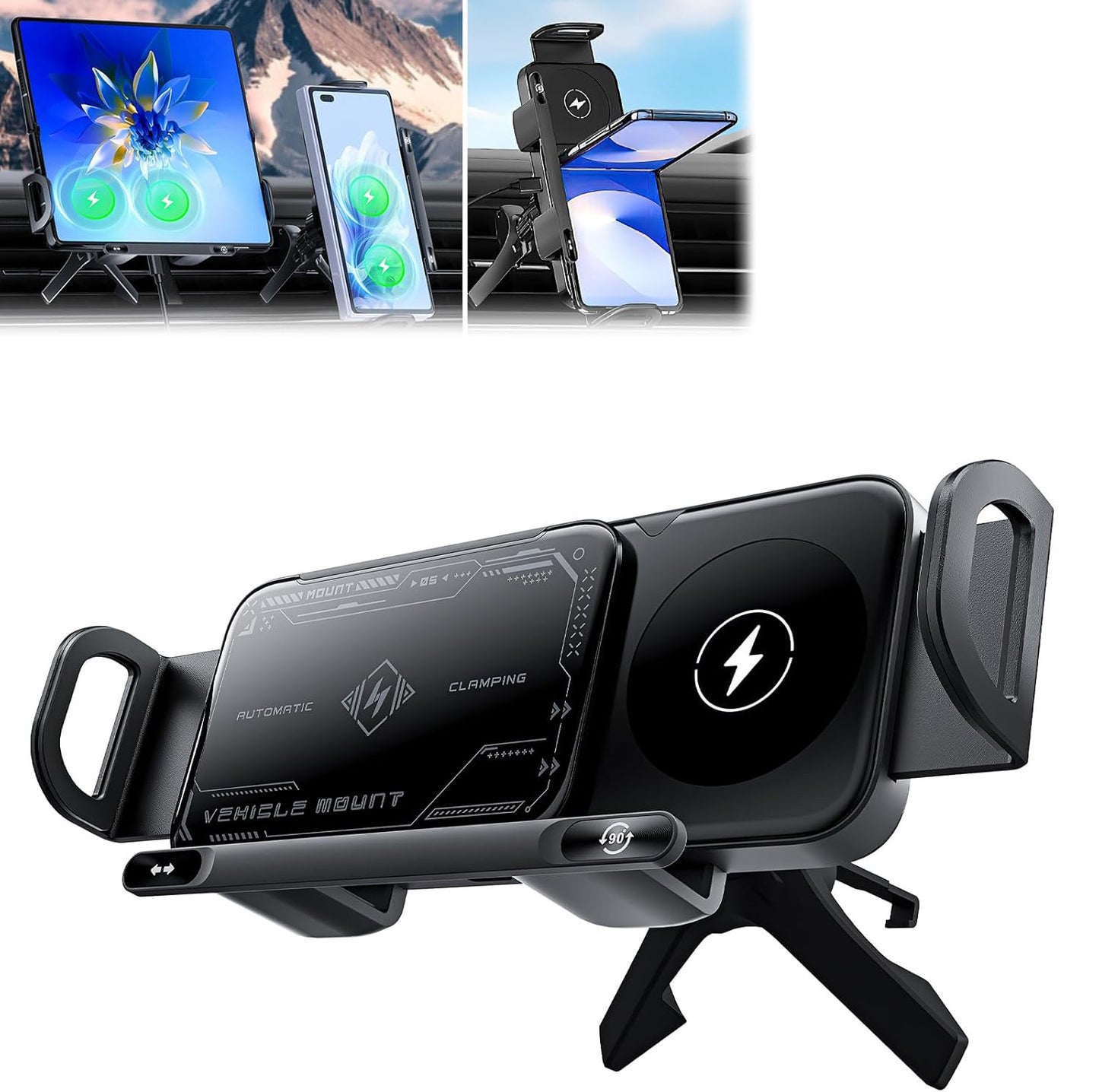 Car Universal Mobile Phone Holder 15W Wireless Fast Charging 2 In 1 Automatic Rotating Magnetic Mobile Phone Holder Car Air Outlet Holder, Automatic Clamping Automatic Rotating 90 Air Outlet Holder