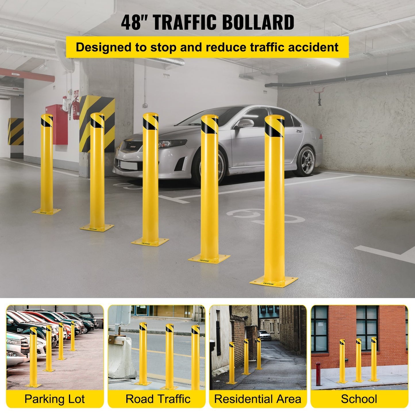 VEVOR Safety Bollard Safety Barrier Bollard Height Yellow Powder Coat Pipe Steel Safety Barrier With 4 Free Anchor Bolts For Traffic-Sensitive Area
