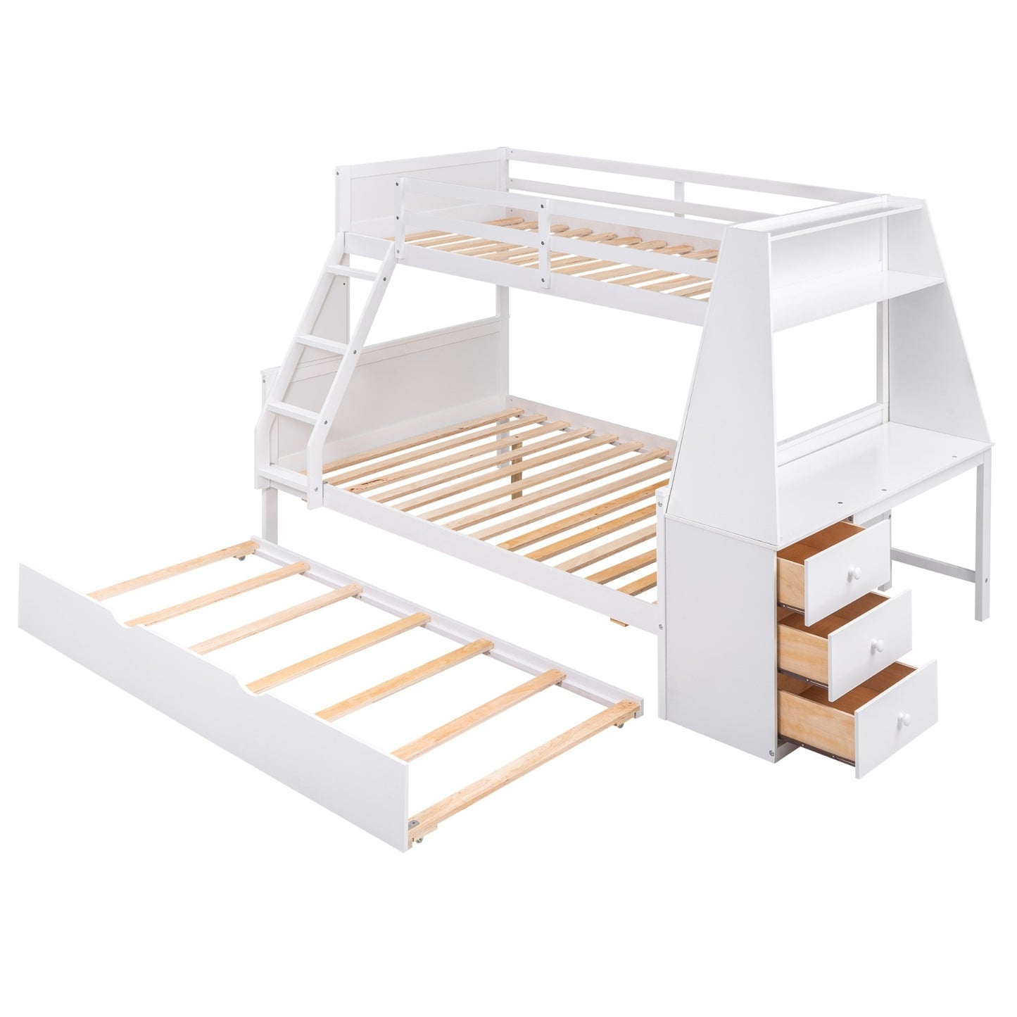 Twin Full Bunk Bed W Trundle, Desk, 3 Drawers Shelf - White