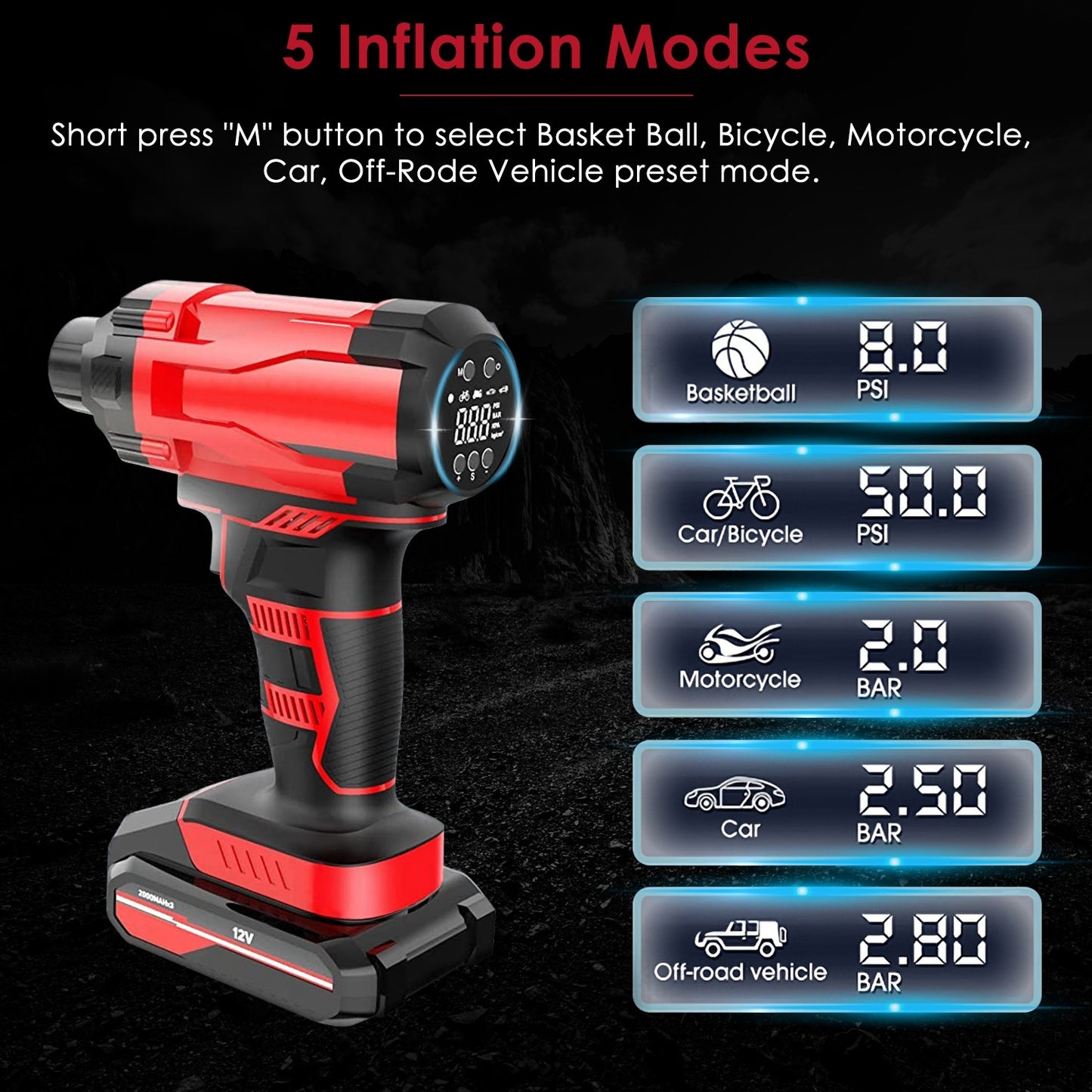 1Pc 150PSI Cordless Car Tire Inflator Rechargeable 2V Portable Electric Air Compressor With LED Light For Car Bike Motorcycle Ball