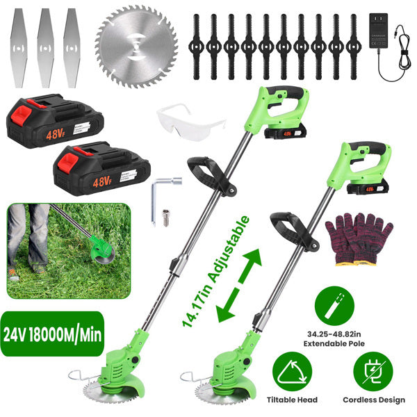 4V 300W Cordless Grass Trimmer Rechargeable Lawn Mower 18000M-Min Weed Cutter With Saw Blade 2 Stainless Steel Blades 10 Plastic Blades 2 Rechargeable Batteries Goggles Gloves