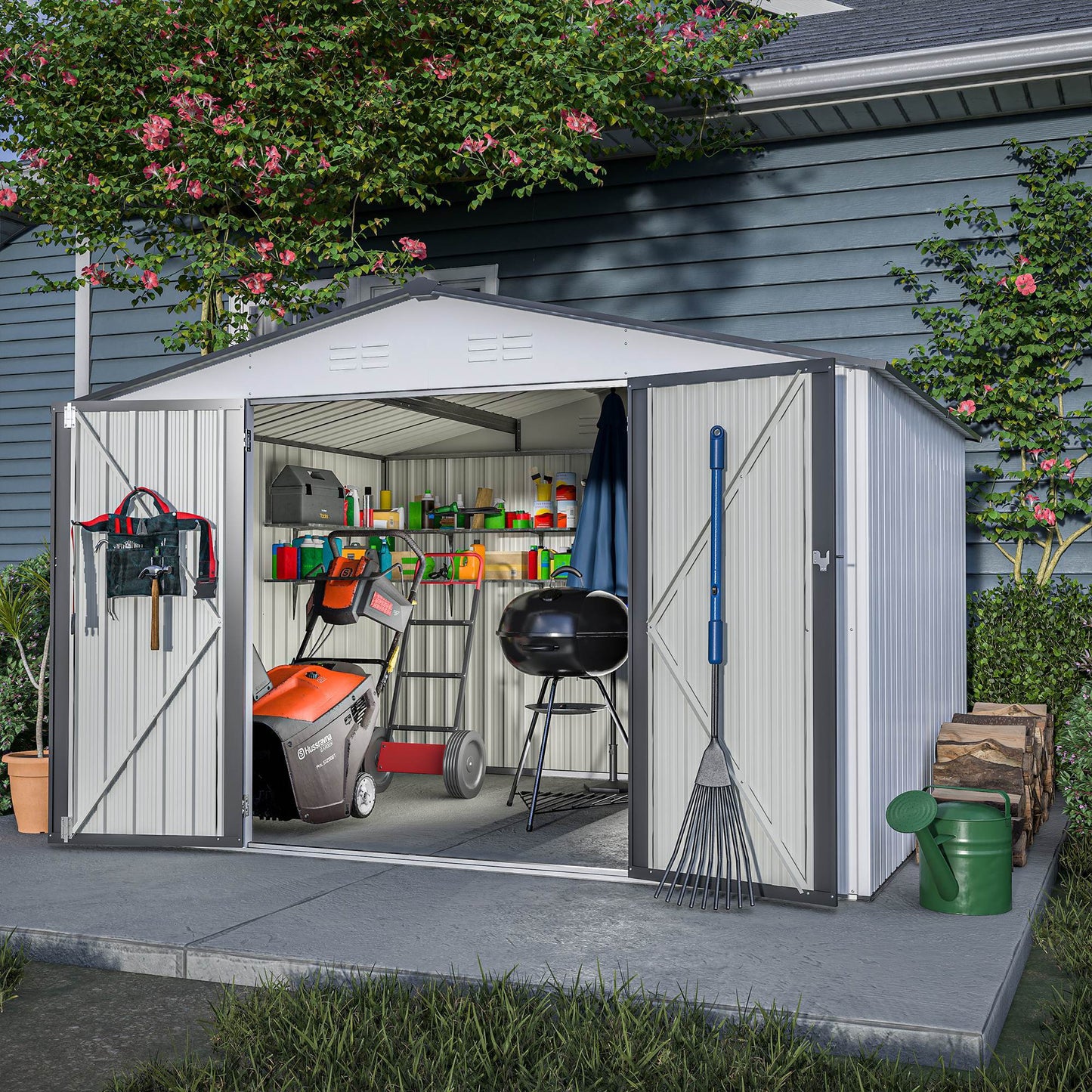 10X8 FT Outdoor Storage Shed, All Weather Metal Sheds With Lockable Doors, Tool Shed For Garden, Patio, Backyard, Lawn, White