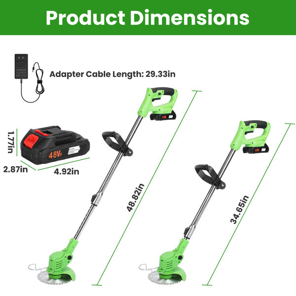 4V 300W Cordless Grass Trimmer Rechargeable Lawn Mower 18000M-Min Weed Cutter With Saw Blade 2 Stainless Steel Blades 10 Plastic Blades 2 Rechargeable Batteries Goggles Gloves