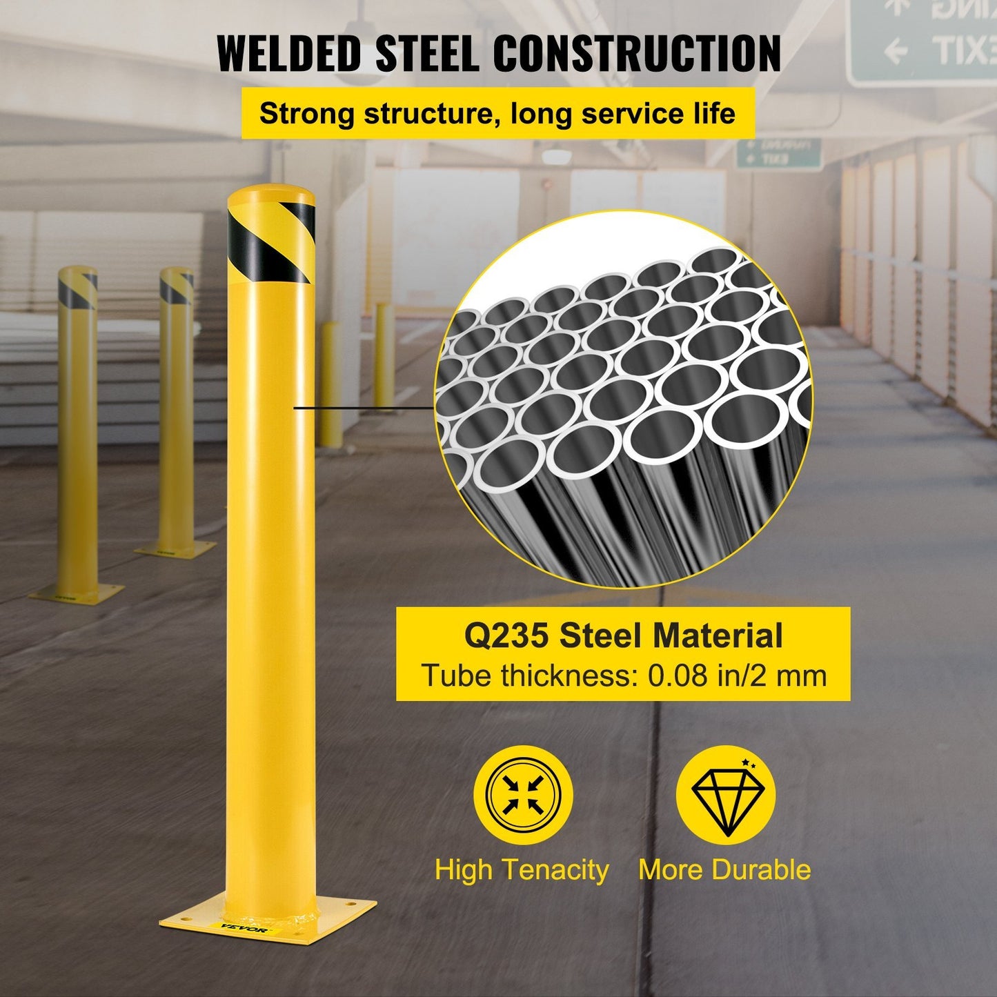 VEVOR Safety Bollard Safety Barrier Bollard Height Yellow Powder Coat Pipe Steel Safety Barrier With 4 Free Anchor Bolts For Traffic-Sensitive Area