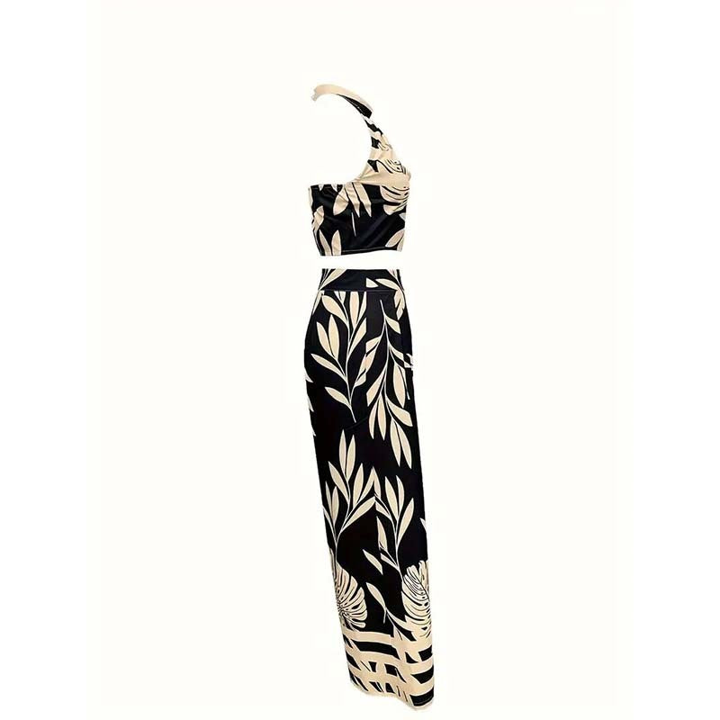 Women's 2 Piece Outfits Plants Graphic Print Crop Halter Top And Wide Leg Pants Set